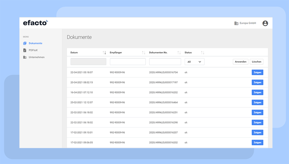 efacto PDFtoX Documenten liste